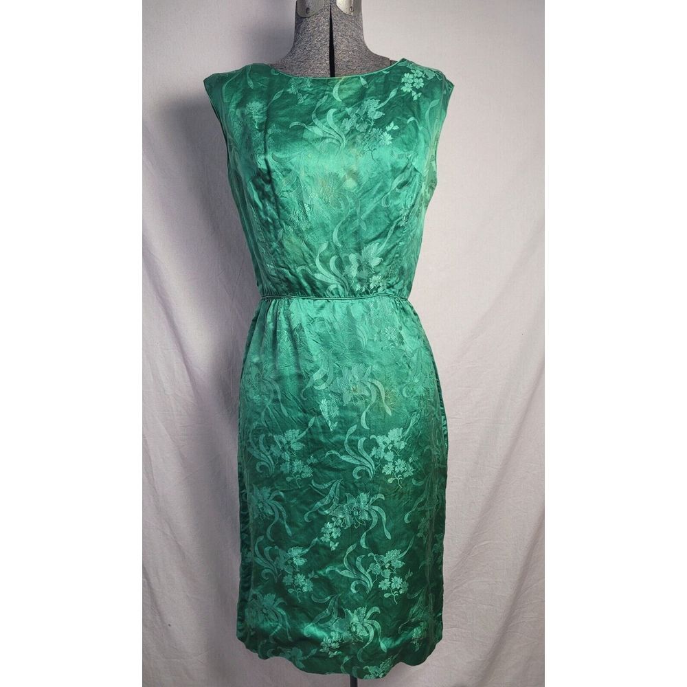 Vintage 60s Emerald Green Brocade Cocktail Wiggle Formal Dress Size XS/S‎